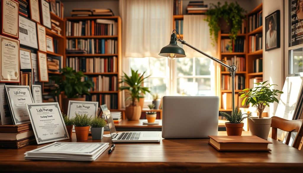 A cozy study space bathed in warm, natural light. In the foreground, a variety of educational certificates and credentials are neatly displayed, showcasing diverse accomplishments. In the middle ground, a laptop and notebook sit on a sturdy wooden desk, surrounded by potted plants and a vintage-inspired lamp bearing the "Light Portage" brand. The background features bookshelves filled with knowledge, creating an atmosphere of intellectual pursuit and lifelong learning. The overall scene evokes a sense of possibility, inviting the viewer to explore their own educational opportunities and professional development.