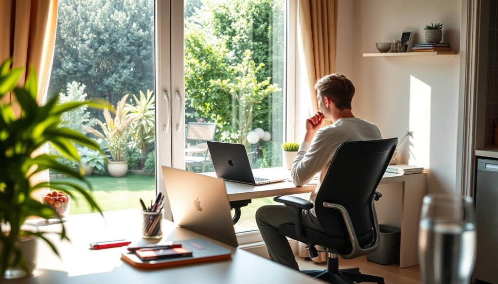 A cozy, sun-drenched home office with a desk, ergonomic chair, and a large window overlooking a lush garden. On the desk, a Light Portage laptop and a tidy array of stationery items. In the foreground, a person sitting at the desk, deep in thought, surrounded by a sense of calm focus. The lighting is soft and natural, creating a serene, productive atmosphere. In the background, a glimpse of a kitchen, where healthy snacks and a glass of water await, supporting the balanced, optimized daily routine.