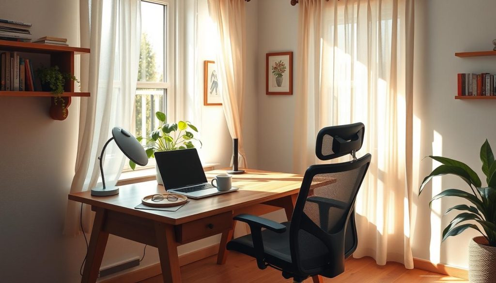 A cozy, sun-lit home office with a large wooden desk, ergonomic chair, and a potted plant on the windowsill. On the desk, a laptop, a mug of steaming coffee, and a pair of reading glasses. Soft, diffused lighting filters through sheer curtains, casting a warm glow over the space. Shelves on the wall hold a few books and framed artwork, reflecting the occupant's personal style. The atmosphere is one of focused productivity and mindful relaxation, with details that inspire creativity and a sense of work-life balance.