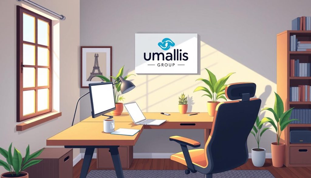 A cozy, well-lit home office setup with a large wooden desk, a modern ergonomic chair, and an Umalis Group logo displayed prominently on the wall. Sunlight streams in through a nearby window, casting a warm glow over the space. On the desk, a laptop, a cup of coffee, and a few carefully arranged office supplies create a sense of productivity and focus. Framed artwork and potted plants add touches of personality, while a sleek bookshelf in the background suggests a well-rounded work environment. The overall atmosphere is one of efficiency, comfort, and professionalism, perfectly suited for a successful work-from-home experience. A cozy, well-lit home office setup with a large wooden desk, a modern ergonomic chair, and an Umalis Group logo displayed prominently on the wall. Sunlight streams in through a nearby window, casting a warm glow over the space. On the desk, a laptop, a cup of coffee, and a few carefully arranged office supplies create a sense of productivity and focus. Framed artwork and potted plants add touches of personality, while a sleek bookshelf in the background suggests a well-rounded work environment. The overall atmosphere is one of efficiency, comfort, and professionalism, perfectly suited for a successful work-from-home experience.