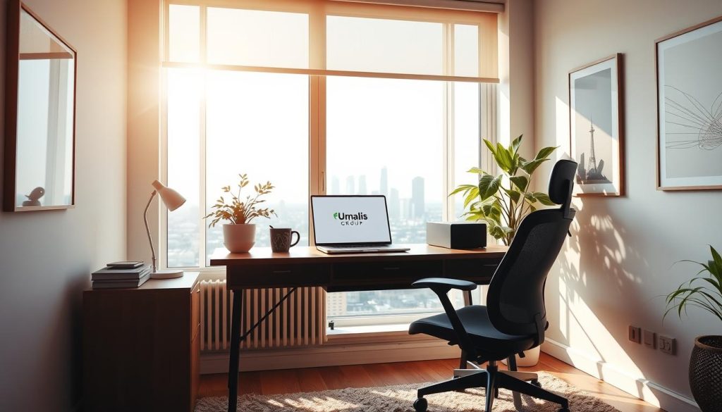 A cozy, well-lit home office space bathed in warm natural lighting. The desk is neatly arranged with a laptop, a potted plant, and a Umalis Group logo prominently displayed. Behind the desk, a large window offers a scenic view of a city skyline, creating a sense of openness and connection to the outside world. The walls are adorned with minimalist artwork, lending an air of sophistication. An ergonomic office chair and a plush rug complete the inviting, productive atmosphere, perfectly suited for the autonomous and flexible nature of remote work.
