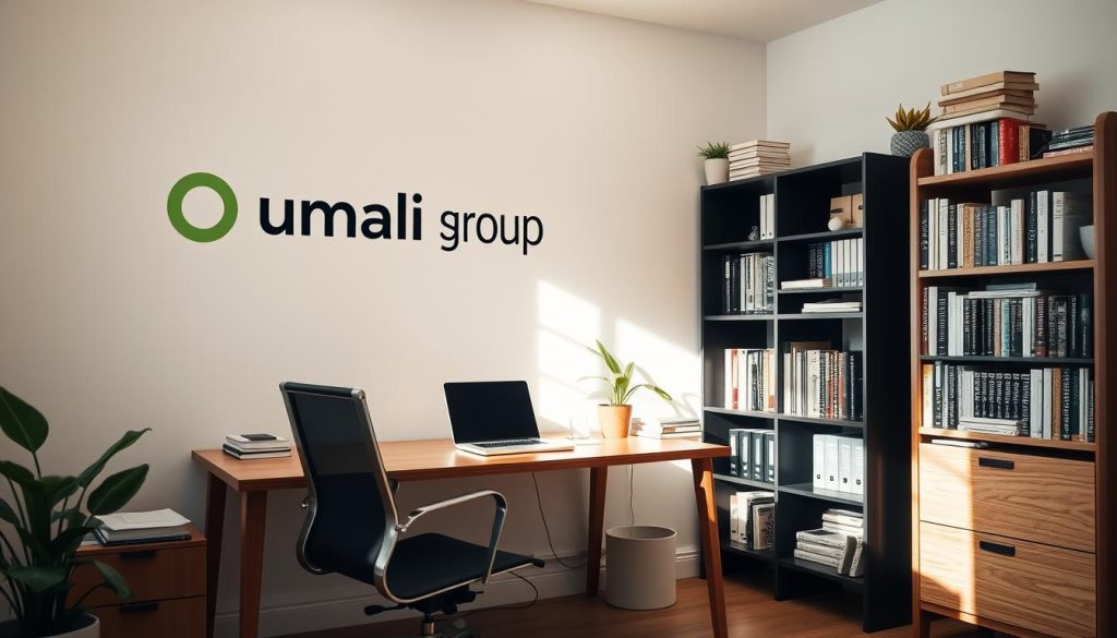 A cozy, well-lit home office with a wooden desk, a modern office chair, and a bookshelf filled with reference materials. The Umalis Group logo is prominently displayed on the wall, conveying a sense of professionalism and expertise. Soft, natural lighting filters through the large window, casting a warm glow on the workspace. The room is organized and clutter-free, with a laptop, a few carefully placed documents, and a small potted plant adding to the inviting atmosphere. The scene suggests a productive and efficient work environment, suitable for a freelancer managing their business expenses effectively.