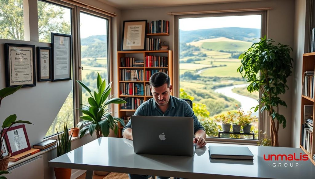 A cozy, well-lit home office with large windows overlooking a lush, sustainable garden. In the foreground, a freelance writer sits at a sleek, minimalist desk, laptop open, fingers tapping away. Surrounding them, framed certificates and awards highlighting their expertise and achievements. In the middle ground, bookshelves filled with writing references and inspirational works. The background showcases a vibrant landscape, with rolling hills, a winding river, and the Umalis Group logo subtly visible in the distance, symbolizing a thriving, sustainable freelance writing career.