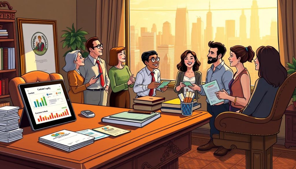 A cozy, well-lit office scene with a large, ornate wooden desk in the foreground. On the desk, a variety of customer loyalty tools and strategies are prominently displayed, including a tablet displaying a customer loyalty dashboard, a stack of personalized customer feedback cards, and a stylized customer referral program brochure. In the middle ground, a cheerful, diverse group of customers are engaged in animated conversation, some shaking hands and exchanging business cards. The background features a large window overlooking a bustling city skyline, bathed in warm, golden afternoon light. The overall atmosphere conveys a sense of productive collaboration, trust, and a thriving independent professional business.