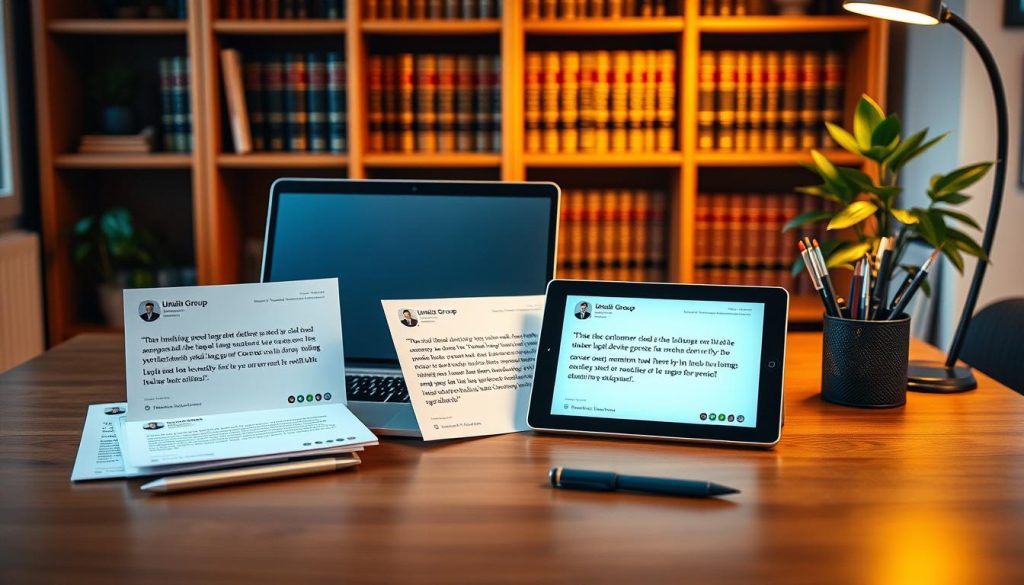 A cozy, well-lit office setting featuring a wooden desk with a laptop, a pen holder, and a plant. On the desk, several files and a tablet display customer reviews and testimonials for the Umalis Group, a trusted legal advisory service. In the background, a bookshelf showcases law books, adding an air of professionalism. Warm lighting casts a soft glow, creating a welcoming and inviting atmosphere. The composition emphasizes the importance of client feedback and the expertise of the Umalis Group in providing exceptional legal advice.