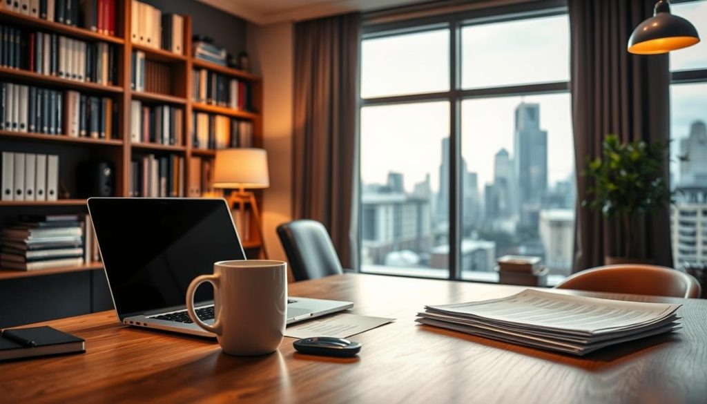 A cozy, well-lit office setting with a laptop, coffee mug, and a stack of documents on a wooden desk. In the background, a bookshelf filled with business-related books and a large window overlooking a bustling city skyline. The lighting is soft and warm, creating a professional yet inviting atmosphere. The focus is on the desk, highlighting the advantages of the "portage salarial" concept, such as the flexibility, financial benefits, and access to a wider range of job opportunities for independent professionals.