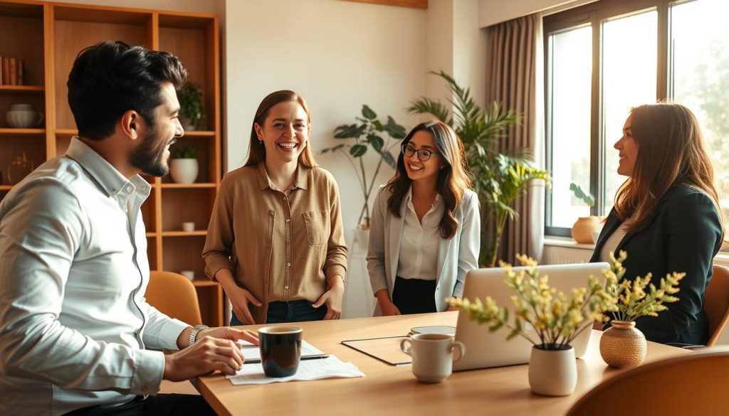 A cozy, well-lit office setting with a warm, inviting atmosphere. In the foreground, a group of consultants engaged in animated conversation, their faces expressing a mix of satisfaction and enthusiasm as they share their experiences with the Umalis Group's salarial portage services. The middle ground features a modern, minimalist desk setup, complete with a laptop, a cup of coffee, and a few personal mementos, creating a sense of professionalism and productivity. In the background, a large window allows natural light to pour in, casting a soft, golden glow over the scene and highlighting the consultants' positive demeanor. The overall composition conveys a sense of trust, collaboration, and the rewarding nature of the Umalis Group's salarial portage model. A cozy, well-lit office setting with a warm, inviting atmosphere. In the foreground, a group of consultants engaged in animated conversation, their faces expressing a mix of satisfaction and enthusiasm as they share their experiences with the Umalis Group's salarial portage services. The middle ground features a modern, minimalist desk setup, complete with a laptop, a cup of coffee, and a few personal mementos, creating a sense of professionalism and productivity. In the background, a large window allows natural light to pour in, casting a soft, golden glow over the scene and highlighting the consultants' positive demeanor. The overall composition conveys a sense of trust, collaboration, and the rewarding nature of the Umalis Group's salarial portage model.