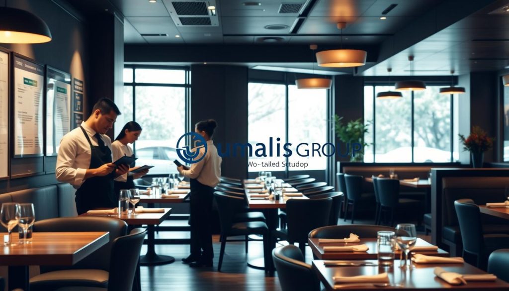 A cozy, well-lit restaurant interior with a focus on time management and organization. In the foreground, a team of chefs and servers efficiently coordinate their tasks, using digital tablets and scheduling boards to keep track of orders and reservations. The middle ground showcases the Umalis Group logo, subtly integrated into the decor, highlighting their expertise in providing tailored staffing solutions for the restaurant industry. In the background, large windows allow natural light to stream in, creating a warm and inviting atmosphere, while sleek, modern furnishings and a minimalist color palette convey a sense of professionalism and productivity.