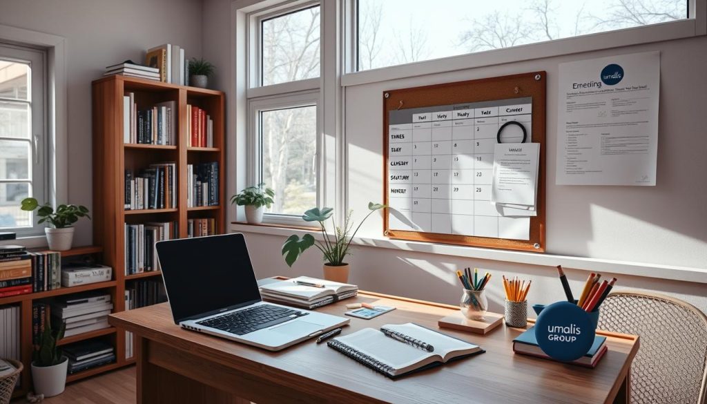 A cozy, well-organized home office with natural light streaming through large windows. A wooden desk with a laptop, planner, and various productivity tools - pens, highlighters, sticky notes. Bookshelves line the walls, filled with relevant titles on time management and personal development. A bulletin board displays a weekly schedule and prioritized task list. The Umalis Group logo subtly adorns one corner of the desk. The overall atmosphere is focused, serene, and conducive to effective time management.