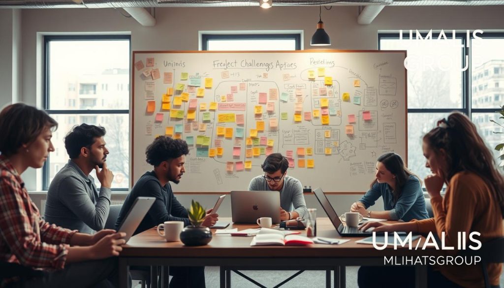 A creative workspace filled with unique challenges of freelancing. In the foreground, a diverse group of freelancers is deep in thought, collaborating on a project while surrounded by laptops, coffee cups, and notepads. The middle layer features a large whiteboard filled with colorful post-it notes, sketches, and brainstorming ideas, symbolizing the complexity of freelance work. In the background, large windows let in natural light, creating a warm and inviting atmosphere. The scene is set in a modern open office with soft, neutral colors to promote focus. Use a wide-angle lens to capture the entire space, enhancing the feeling of collaboration and creativity. The overall mood conveys determination and the excitement of overcoming freelance challenges. Include a subtle brand logo "UMALIS GROUP" in the corner, representing professional support for freelancers.