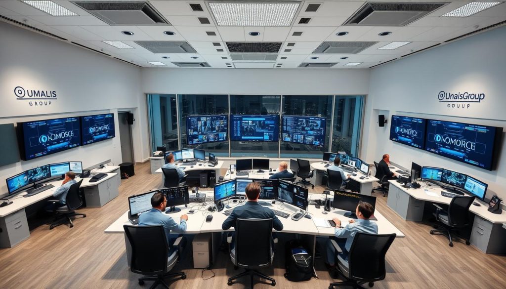 A crisis management command center situated in a modern corporate office. Large, open-plan workspace with multiple workstations, displays, and communication equipment. Umalis Group branding visible on the walls and furniture. Serious, focused employees collaborating, analyzing data, and strategizing. Bright, energetic lighting, clean lines, and a sense of purpose and urgency. A high-tech, mission-critical environment designed to react swiftly and effectively to emerging crises.