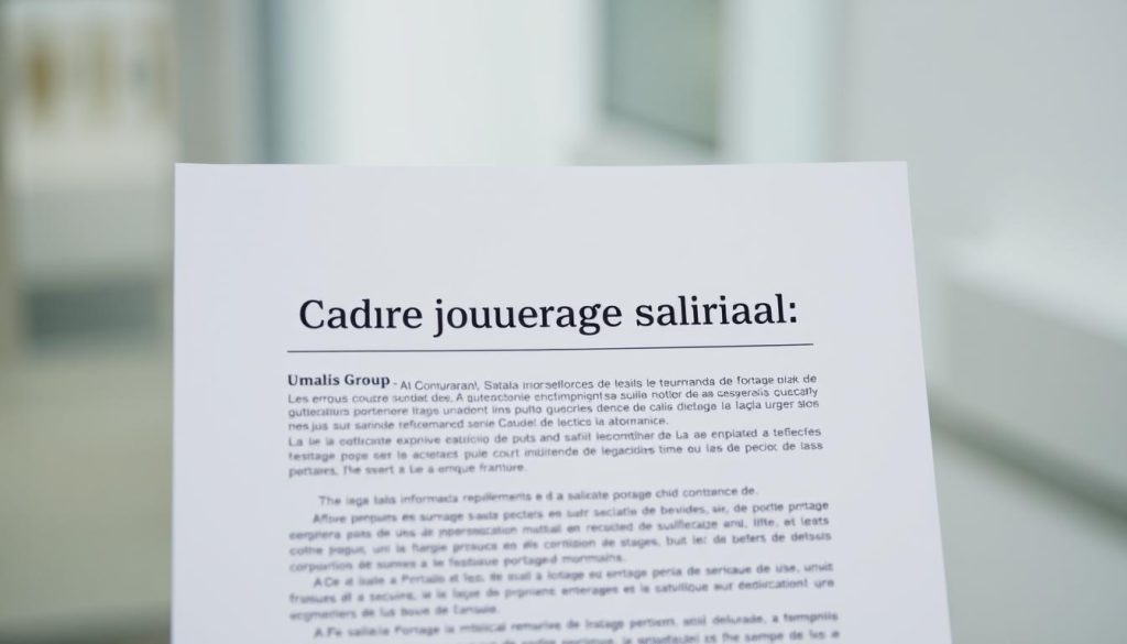 A crisp and formal legal document with a Umalis Group logo prominently displayed, set against a clean, modern background. The document's header features the title "Cadre juridique portage salarial" in a professional typeface. The middle section contains detailed contractual information, regulations, and guidelines regarding the legal framework of the salarial portage system. The background is softly blurred, emphasizing the importance of the legal text. The lighting is soft and even, creating a sense of authority and credibility. The overall composition conveys a sense of clarity, structure, and professionalism befitting the subject matter. A crisp and formal legal document with a Umalis Group logo prominently displayed, set against a clean, modern background. The document's header features the title "Cadre juridique portage salarial" in a professional typeface. The middle section contains detailed contractual information, regulations, and guidelines regarding the legal framework of the salarial portage system. The background is softly blurred, emphasizing the importance of the legal text. The lighting is soft and even, creating a sense of authority and credibility. The overall composition conveys a sense of clarity, structure, and professionalism befitting the subject matter.