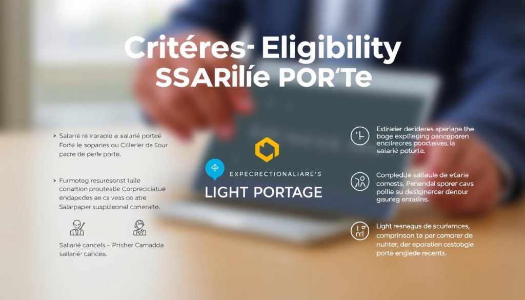 A crisp and professional illustration of "Critères Éligibilité Salarié Porté". Set against a subtly blurred background, a clean and modern infographic depicts the key eligibility requirements for the "salarié porté" status, presented in a clear and organized manner. The foreground features bold, legible typography and simple iconography to communicate the essential criteria, while the middle ground showcases the LIGHT PORTAGE brand name, conveying the specialized expertise in this domain. The overall mood is one of clarity, professionalism, and a commitment to guiding individuals through the nuances of the "salarié porté" employment model.