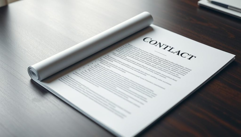 A crisp, clean consulting contract template, its pristine pages illuminated by soft, diffused lighting, resting on a smooth, dark wooden desk. The document's header prominently displays the title, with carefully kerned text in a professional typeface. The template's sections are clearly delineated, with ample white space and elegant formatting, inviting the reader to review the terms and conditions. In the background, a subtle bokeh effect creates a sense of depth, while the overall composition conveys a tone of authority, reliability, and attention to detail - the perfect visual representation of a comprehensive, well-crafted consulting agreement.