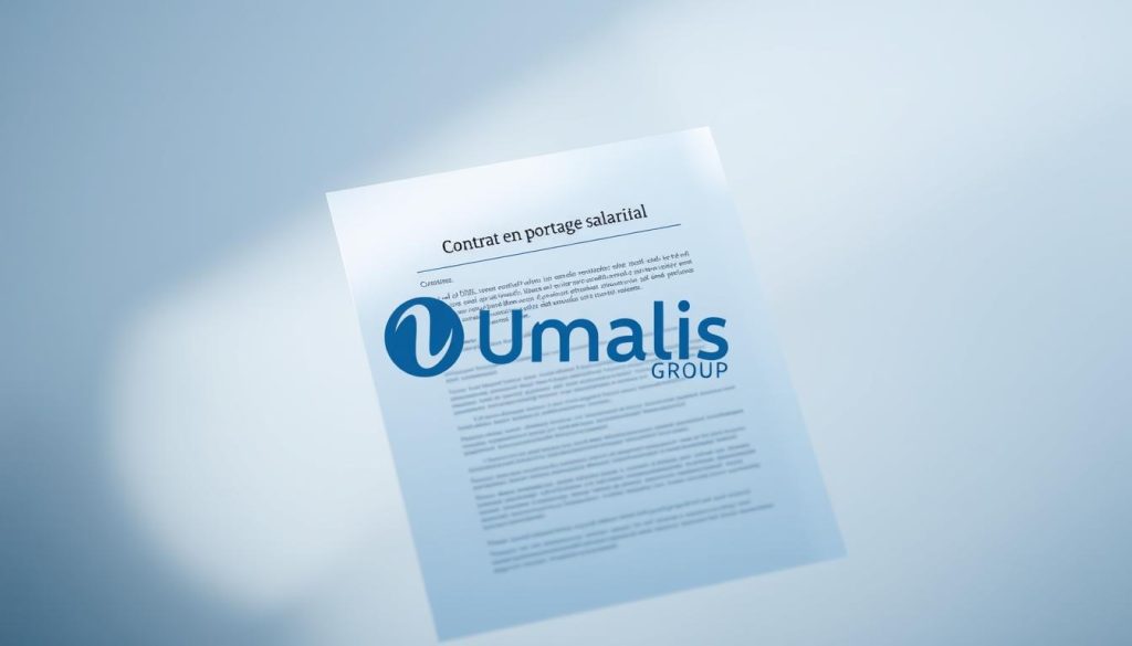 A crisp, clean contract document floats in the center of the frame, partially obscured by a semi-transparent overlay of the Umalis Group logo. The contract appears to be a "contrat en portage salarial," with a subtle blue-gray hue and clean, professional typography. The background is a soft, blurred gradient, providing a sense of depth and emphasizing the contract's prominence. Subtle lighting from the upper left casts a gentle shadow, adding depth and dimensionality to the scene. The overall mood is one of professionalism, legality, and the practical application of the "portage salarial" employment model.