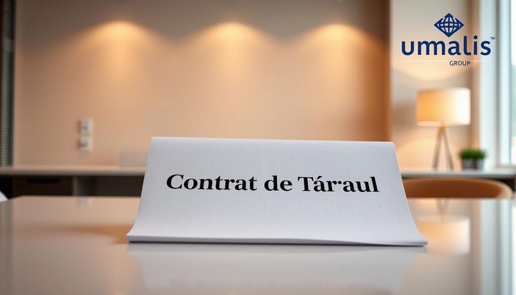 A crisp, clean contract document titled "Contrat de Travail" lies on a sleek, modern desk, illuminated by warm, diffused lighting. In the background, a neutral-toned, minimalist office space reflects the professional atmosphere. The contract is positioned prominently, its pages slightly ruffled, conveying a sense of active engagement with the document. Umalis Group's logo is subtly displayed in the corner, connecting this image to the concept of salaried portage. The overall scene emanates a sense of order, clarity, and the nuanced details of an employment contract.