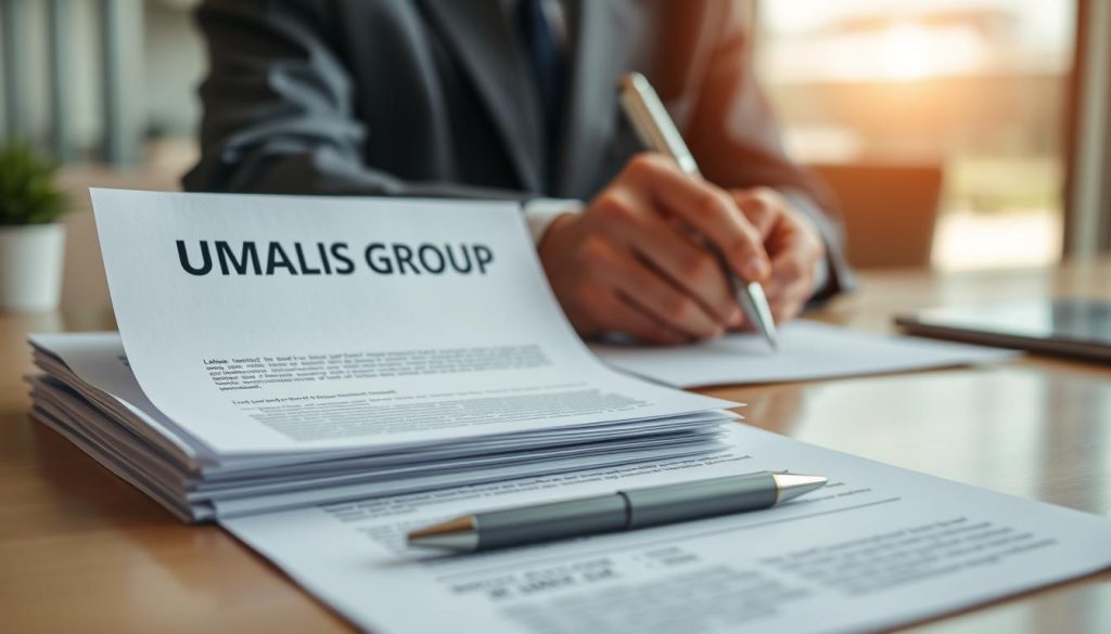 A crisp, clean-lined document with the header "UMALIS GROUP" prominently displayed. In the foreground, a stack of papers and a pen, suggesting the renewal of a contract. The middle ground features a businessperson's hand signing the contract, conveying the act of contract renewal. The background depicts a modern, minimalist office setting with subtle hints of natural light filtering in, creating a professional and authoritative atmosphere. The overall composition should evoke a sense of formal, legal proceedings and the continuation of a productive business relationship.