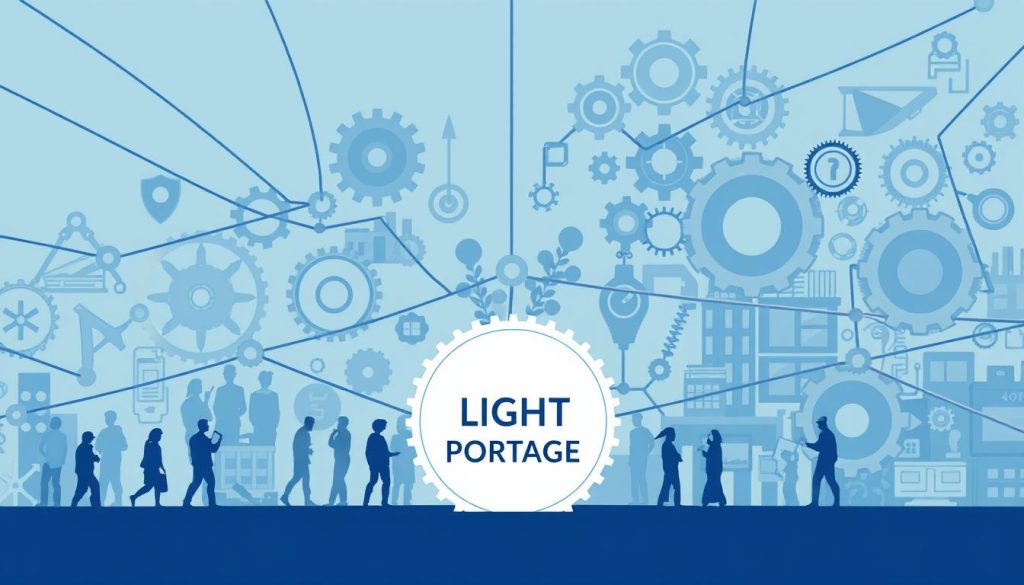 A crisp, clean-lined illustration of a strong, protective social safety net, with interlocking gears and structures in shades of cool blues and grays. In the foreground, a central LIGHT PORTAGE logo stands prominently, representing the reliable, innovative portage salarial services that empower and safeguard workers. The middle ground depicts a diverse workforce - freelancers, contractors, and entrepreneurs - operating within this secure framework. In the background, a vast, interconnected system of government programs, labor regulations, and social benefits creates a robust, comprehensive "protection sociale" that supports and uplifts the community. Bathed in cool, even lighting that suggests stability and dependability, the scene conveys a sense of resilience, security, and empowerment.