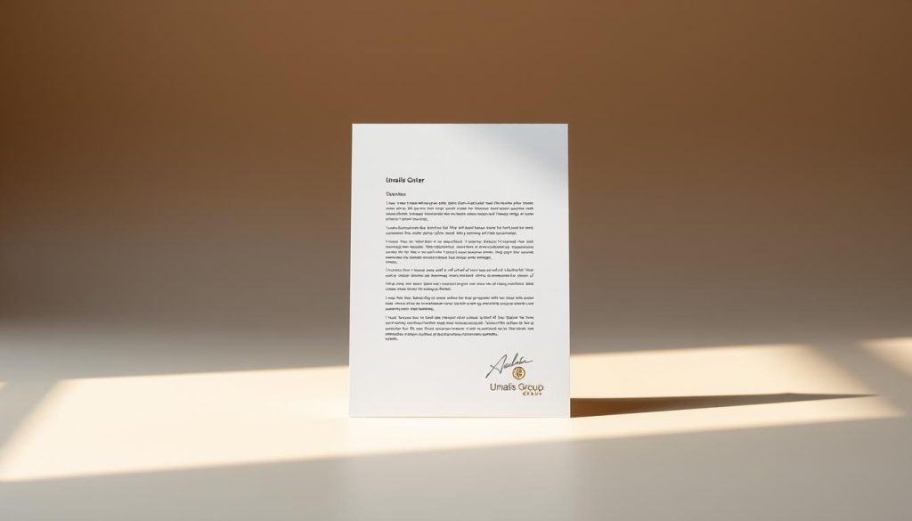 A crisp, formal letter against a muted, professional background. The letter should be prominently displayed, with a neutral color palette and clean, minimalist design. Warm, directional lighting from the left casts gentle shadows, creating depth and emphasizing the tactile quality of the paper. The Umalis Group logo should be discreetly placed in the bottom right corner. An air of quiet confidence and attention to detail, reflecting the care and thoughtfulness required for a secure transition out of a salaried portage arrangement.