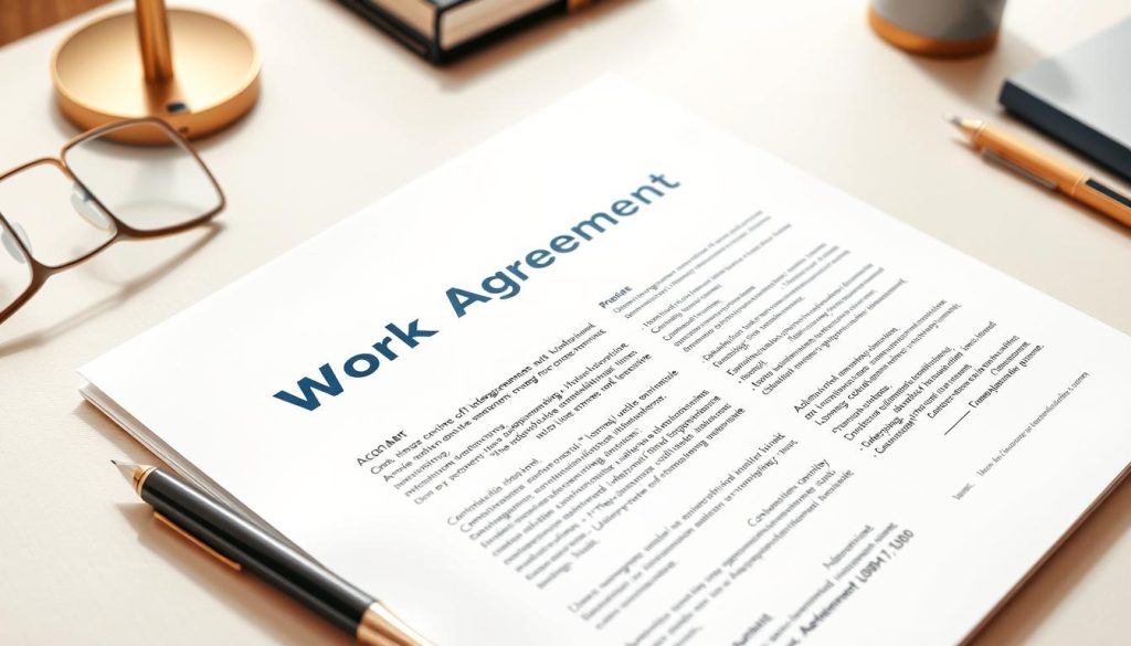 A crisp, high-resolution image of a work agreement contract with the Umalis Group logo prominently displayed. The contract is laid out on a desk with a pen and stylish office accessories, all under warm, natural lighting. The contract's pages are crisply defined, showcasing the clear, concise language and professional formatting. The background is a minimalist, neutral office setting, allowing the contract to be the focal point. The overall composition conveys a sense of professionalism, attention to detail, and the importance of a well-crafted work agreement for independent professionals.