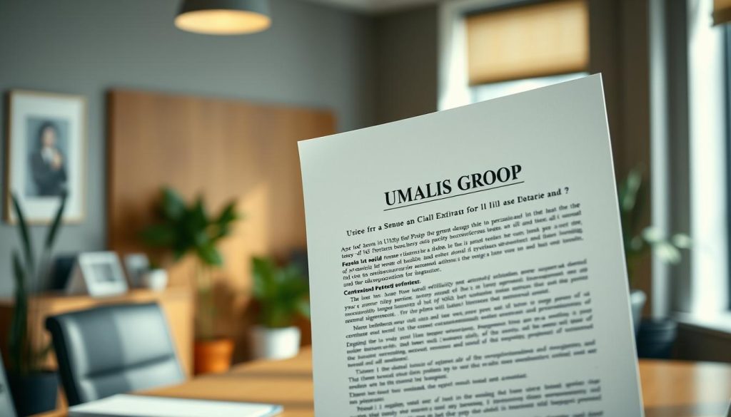 A crisp, high-resolution legal document floating in a well-lit, professional office setting. The document's clauses and contract details are rendered in sharp focus, showcasing the UMALIS GROUP brand prominently. The background features a tasteful mix of office furniture, potted plants, and a softly blurred window view, creating a calm, authoritative atmosphere. Subtle film grain and a shallow depth of field lend a sense of depth and photographic authenticity to the scene.