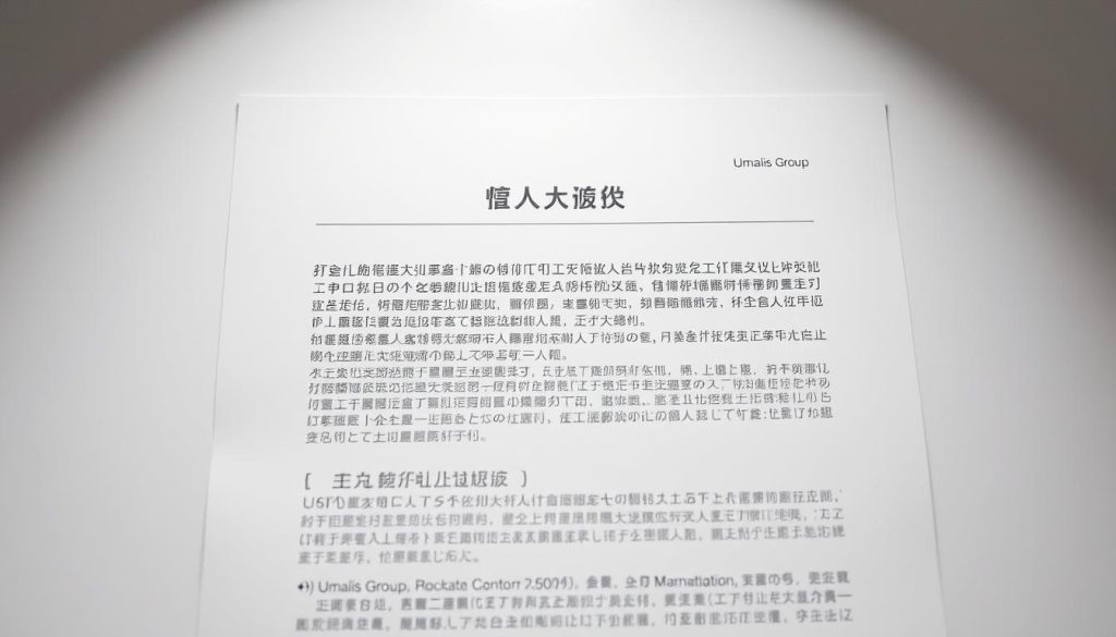 A crisp, legible document titled "合同条款" in the Umalis Group branding, set against a clean, minimalist background. The text is presented in a clear, professional font, with well-defined paragraphs and headings, conveying a sense of authority and attention to detail. The lighting is soft and even, creating a sense of clarity and focus. The overall mood is one of precision, organization, and a dedication to the specifics of the contractual agreement.