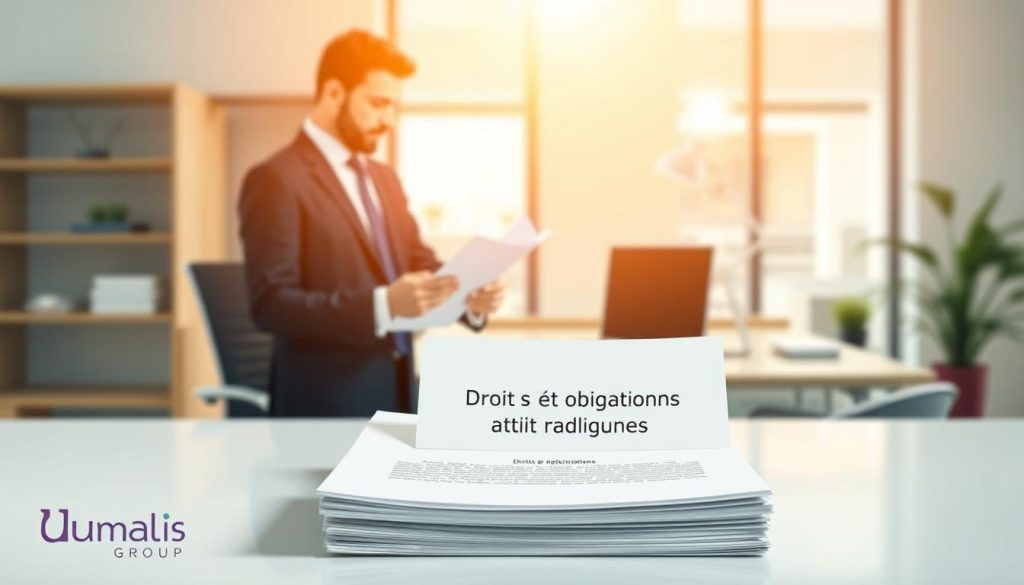 A crisp, minimalist illustration showcasing the key concepts of "droits et obligations arrêt maladie". In the foreground, a sleek, modern office desk with a neatly organized stack of documents labeled "Droits et obligations". In the middle ground, a person in a suit thoughtfully reviewing the paperwork, conveying the importance of understanding one's rights and responsibilities during sick leave. The background is a softly blurred office environment, hinting at the professional context. Warm, natural lighting casts a calm, authoritative mood. The Umalis Group logo discreetly appears in the bottom corner.