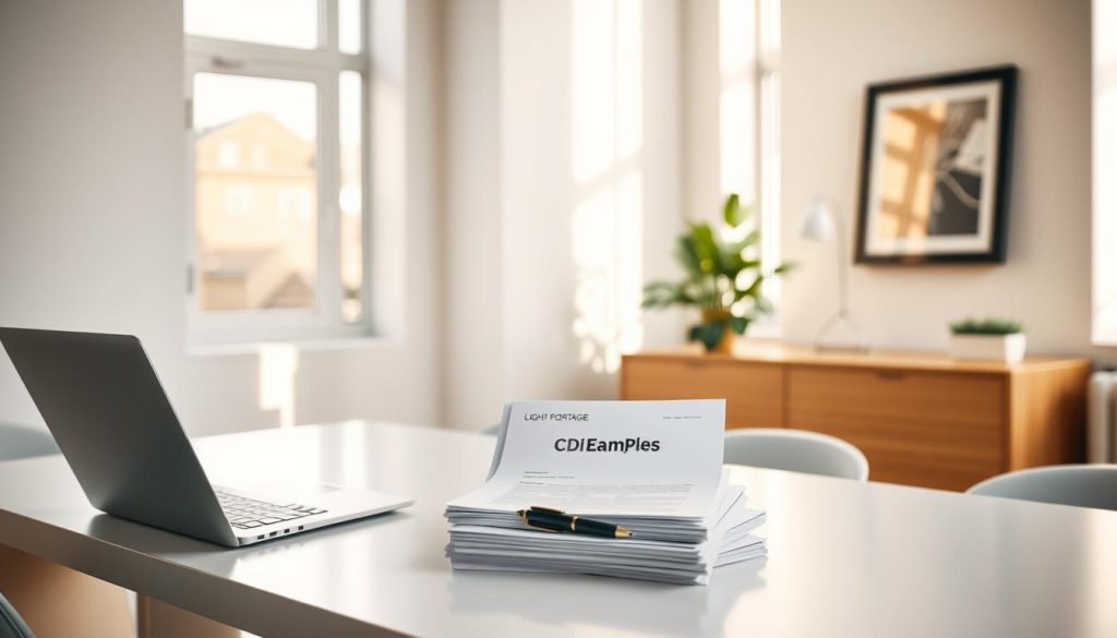 A crisp, minimalist office setting with a sleek LIGHT PORTAGE desk, neatly organized with a laptop, a pen, and a stack of professional-looking contract documents labeled "CDI Examples". The space is bathed in warm, natural lighting filtering in through large windows, casting a cozy, productive atmosphere. In the background, a potted plant and a framed artwork add a touch of sophistication. The overall mood conveys a sense of opportunity, security, and the promise of a stable, fulfilling career as an independent professional.