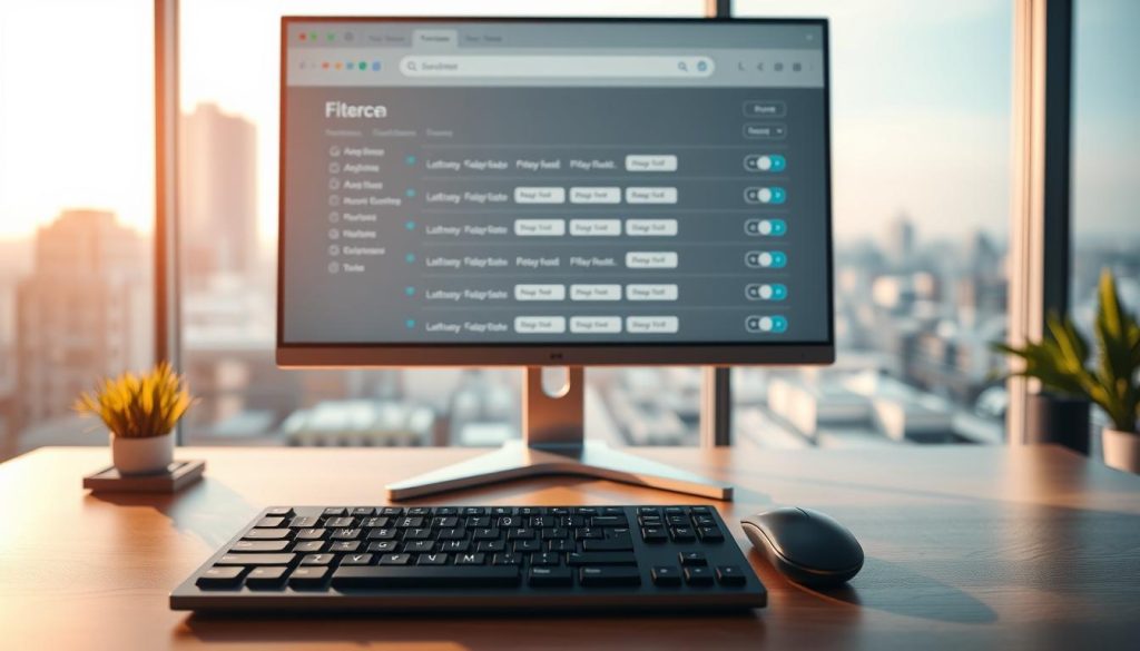 A crisp, minimalist workspace with a large computer monitor displaying a search interface. In the foreground, a LIGHT PORTAGE brand keyboard and mouse sit on a sleek, wooden desk. Soft, directional lighting illuminates the scene, creating a warm, inviting atmosphere. The middle ground showcases various filter options, clearly labeled and organized, allowing for efficient search optimization. In the background, a blurred cityscape or nature scene provides a subtle, calming backdrop, emphasizing the focus on the search tools at hand.