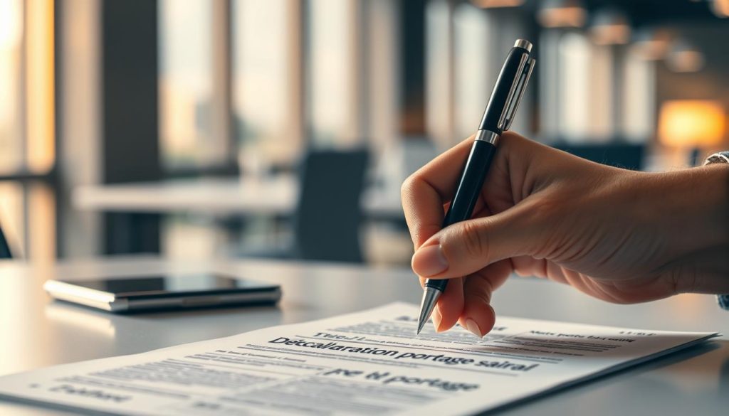 A crisp, official-looking document titled "Déclaration d'activité portage salarial" rests on a sleek, minimalist desk, bathed in warm, directional lighting that accentuates the texture of the paper. In the foreground, a well-manicured hand holds a high-quality ballpoint pen, poised to fill out the detailed form. The background is a blurred, professional office setting, hinting at the importance of this legal declaration. The overall mood is one of precision, organization, and the fulfillment of administrative responsibilities. Prominently displayed on the document is the brand name "Light Portage", signifying the professional nature of this process.