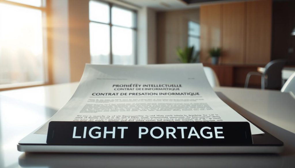 A crisp, professional contract on a sleek, minimalist desk, with a corporate yet approachable atmosphere. The contract is titled "PROPRIÉTÉ INTELLECTUELLE CONTRAT DE PRESTATION INFORMATIQUE" in a clean, elegant font. Sunlight streams in through large windows, casting a warm glow on the scene. In the foreground, the LIGHT PORTAGE brand name is prominently displayed on a modern laptop or tablet device. The overall composition conveys a sense of order, professionalism, and modern sensibility befitting the subject matter.