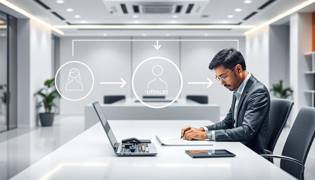 A crisp, technical illustration of the tripartite relationship in the Umalis Group's employee leasing system. In the foreground, a skilled consultant works diligently, with tools and diagrams on a sleek desk. In the middle ground, the three key entities - the consultant, the Umalis Group, and the client company - are connected by clean lines and arrows, illustrating the operational flow. The background features a modern, minimalist office setting with neutral tones, subtle lighting, and a sense of organizational efficiency. The overall scene conveys the professionalism, transparency, and collaborative nature of the Umalis Group's employee leasing mechanism.