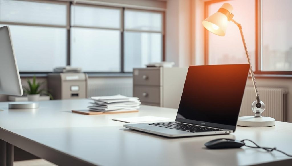 A crisp, well-lit scene of a Umalis Group office, showcasing the depreciation of business assets. In the foreground, a laptop computer and a desk lamp are prominently displayed, their value diminishing over time. In the middle ground, a filing cabinet and a stack of paperwork suggest the administrative workings of the business. The background features a large window, allowing natural light to filter in, casting a warm glow over the scene. The overall atmosphere conveys a sense of the passage of time and the gradual decrease in the value of the company's assets, reflecting the importance of effective expense management for freelancers.