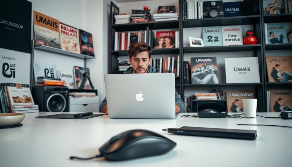 A crisp, well-lit studio scene featuring a designer working on a laptop, surrounded by design tools and equipment. In the foreground, a desk with a sleek, modern design, a high-end mouse, and a stylus. In the middle ground, the designer, dressed in casual attire, is intently focused on the screen, their face slightly illuminated by the laptop's glow. In the background, shelves display a range of design books, magazines, and various Umalis Group branded items, conveying a professional, yet cozy workspace. The overall mood is one of productivity, creativity, and the seamless integration of design and technology.