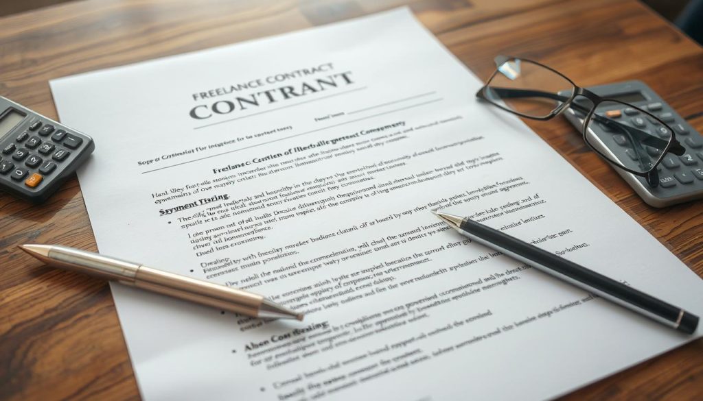 A crisp, well-organized freelance contract document laid out on a wooden table, with a silver pen, a calculator, and a pair of reading glasses next to it. The contract is visible in sharp detail, showcasing the essential elements such as scope of work, timeline, payment terms, and intellectual property rights. The lighting is soft and natural, creating a professional and trustworthy atmosphere. The background is slightly blurred, emphasizing the focus on the contract itself. The overall scene conveys the importance of a comprehensive and well-structured freelance agreement.