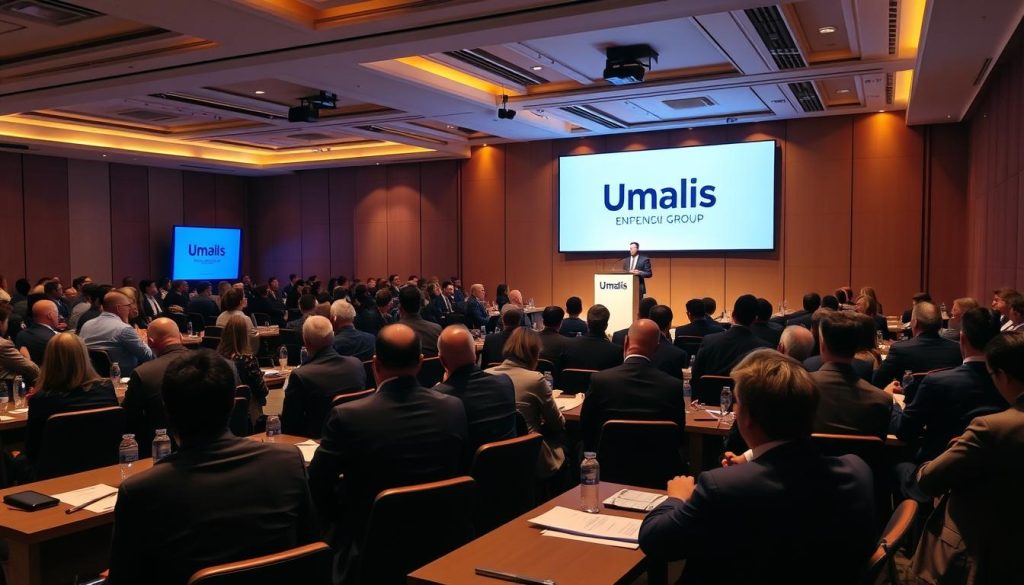 A crowded conference room with a large "Umalis Group" banner displayed prominently on the back wall. Rows of attendees in business attire sit at long tables, engaged in lively discussion. Warm, directional lighting illuminates the scene, casting dynamic shadows and highlights. The focal point is a speaker standing at a podium, gesturing animatedly as they present to the attentive audience. The atmosphere is one of collaboration and collective problem-solving, reflecting the concept of "convention collective travail".