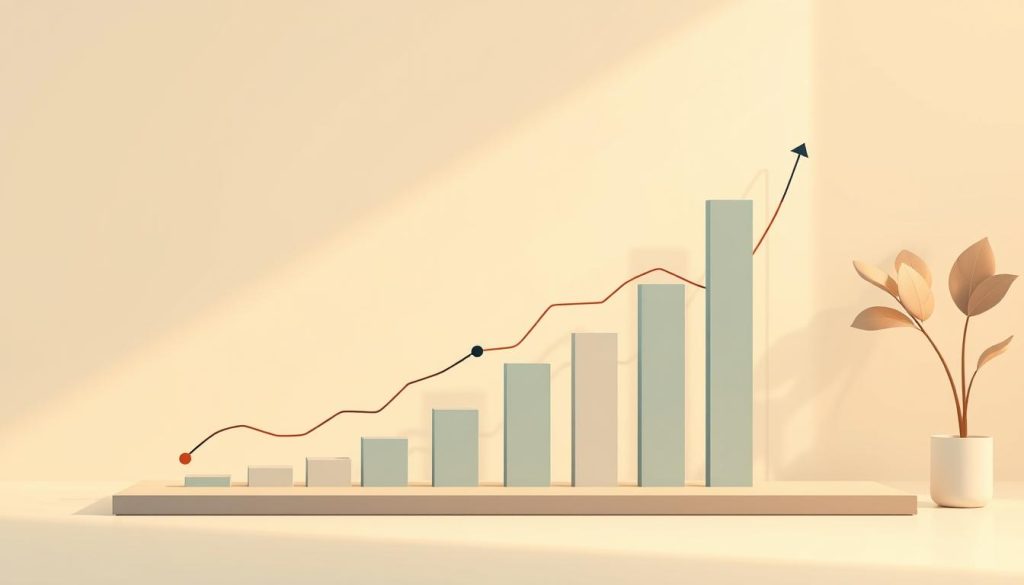 A data-driven visualization of career growth metrics against a clean, minimalist backdrop. In the foreground, a stylized bar chart depicts key performance indicators like skill development, salary progression, and job title advancements over time. The midground showcases abstract geometric shapes and lines, representing the interconnected nature of these metrics. In the background, a soft, muted color palette evokes a sense of professionalism and stability. Warm, directional lighting casts subtle shadows, adding depth and dimension to the composition. The overall mood is one of measured progress, analytical insight, and long-term career optimization.