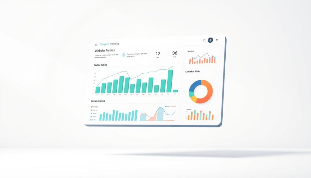 A data-rich dashboard floats against a minimalist background, showcasing website performance metrics in a sleek, modern interface. Bars, lines, and pie charts display website traffic, bounce rates, conversion funnels, and other key performance indicators in a clean, uncluttered layout. Soft, directional lighting highlights the dashboard's crisp typography and elegant data visualizations, conveying a sense of analytical focus and digital proficiency. The overall mood is one of informed, data-driven decision making, empowering the viewer to assess their current online presence with clarity and precision.