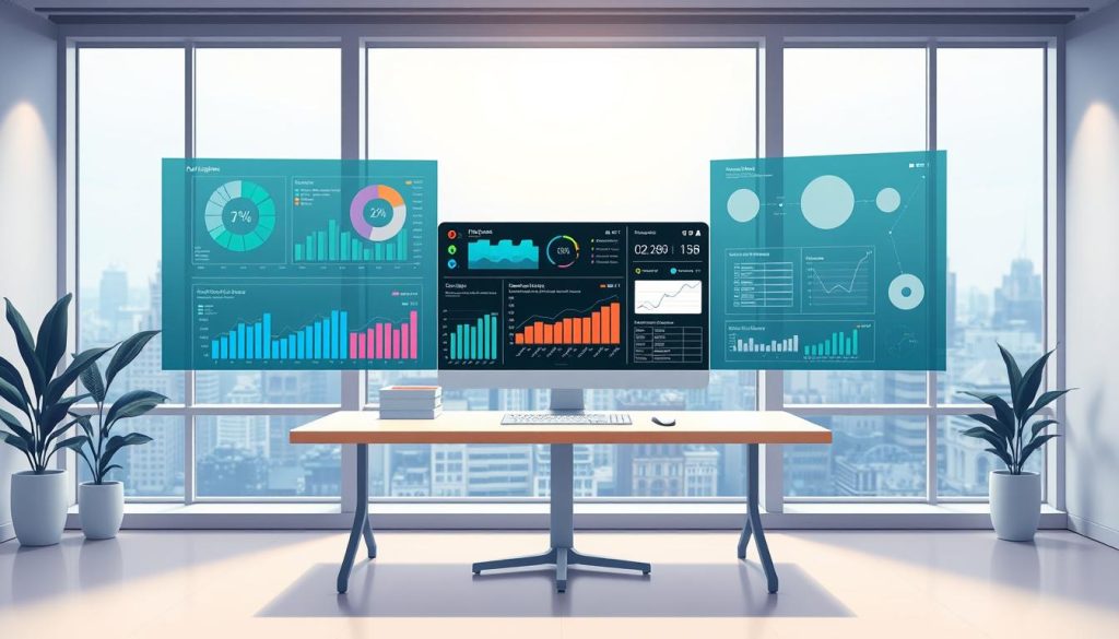 A data-rich dashboard hovers in a serene, well-lit workspace. In the foreground, elegant data visualizations display key insights, their colors and shapes creating a visually captivating display. The middle ground features a sleek, minimalist workstation with a large, high-resolution monitor displaying analytical tools and models. In the background, a panoramic window reveals a cityscape, conveying a sense of connection between the data analysis and the real-world implications. The lighting is soft and diffused, creating a calm, contemplative atmosphere that invites the viewer to immerse themselves in the power of data-driven decision-making.