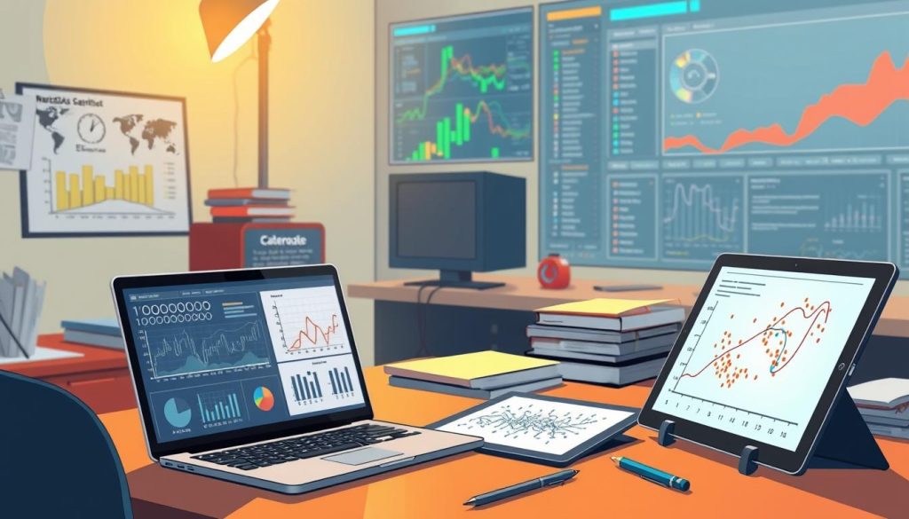 A data scientist's workspace, illuminated by warm task lighting. In the foreground, a laptop displays intricate charts and graphs, visualizing complex datasets. Beside it, a tablet showcases a scatterplot, revealing hidden patterns and insights. In the middle ground, an array of reference materials and stationery suggest a methodical approach to analysis. The background features a sophisticated information dashboard, projecting real-time data streams onto a large display. The overall scene conveys a sense of focus, innovation, and the pursuit of data-driven discoveries.
