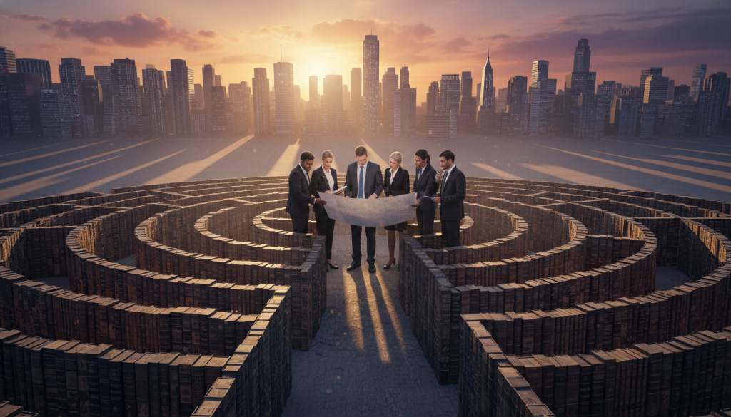 A dense, labyrinthine legal maze stretches across the foreground, depicted with intricate pathways and towering walls made of stacked legal books, symbolizing complex regulations. In the middle ground, a professional, diverse group of individuals in business attire—men and women—are seen studying a large map, looking contemplative and focused, representing the collaborative effort to navigate challenges. The background features a stylized city skyline bathed in warm sunset light, casting long shadows and creating a sense of urgency and tension. Soft, diffused lighting illuminates the scene, enhancing the mood of determination and introspection, while a wide-angle perspective adds depth to the maze and the professionals, inviting viewers to reflect on the challenges inherent in understanding complex legal frameworks.