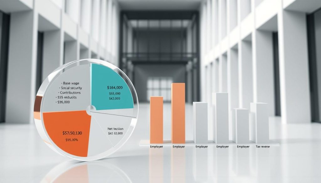 A detailed 3D illustration of the compensation structure of a French "portage salarial" arrangement. In the foreground, a transparent pie chart displays the various components of the salary package, including the base wage, social security contributions, and tax deductions. In the middle ground, a series of stacked bar graphs visualizes the complex interplay between the employee's net income, the employer's costs, and the government's tax revenue. The background features a minimalist architectural scene with clean lines and a neutral color palette, creating a sense of professionalism and financial sophistication. The overall mood is one of careful analysis and optimization, reflecting the article's focus on navigating the nuances of the "portage salarial" system.