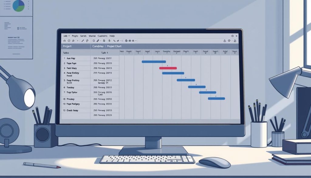 A detailed Gantt chart displayed on a sleek, modern desktop. The chart shows various project tasks, deadlines, and progress bars, rendered in a clean, minimalist style with muted colors. The chart is the focal point, surrounded by a subtle background of office supplies and devices, suggesting a professional work environment. Soft, directional lighting from the side casts subtle shadows, adding depth and dimensionality to the scene. The overall mood is one of efficiency, organization, and productivity, befitting the topic of "How to Use a Gantt Chart for Project Delivery".