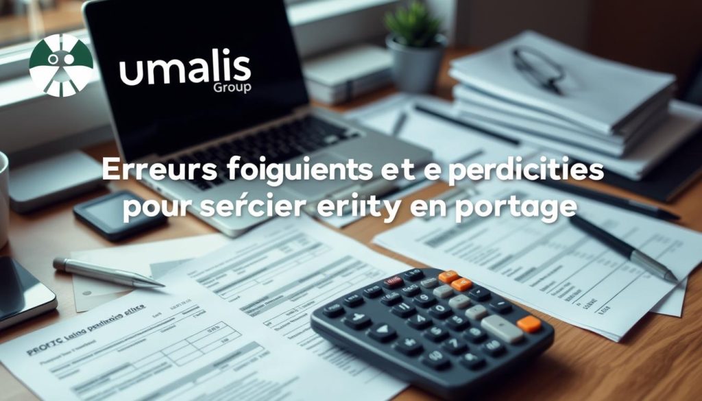 A detailed account of a carefully managed financial account, presented in a clean and professional style. The scene depicts a neatly organized desk with a laptop, calculator, and various financial documents, all bathed in a soft, natural lighting. The Umalis Group logo is prominently displayed, conveying a sense of trust and reliability. The overall atmosphere is one of diligence and financial prudence, perfectly suited to illustrate the "Erreurs fréquentes et bonnes pratiques pour sécuriser votre activité en portage" section of the article.