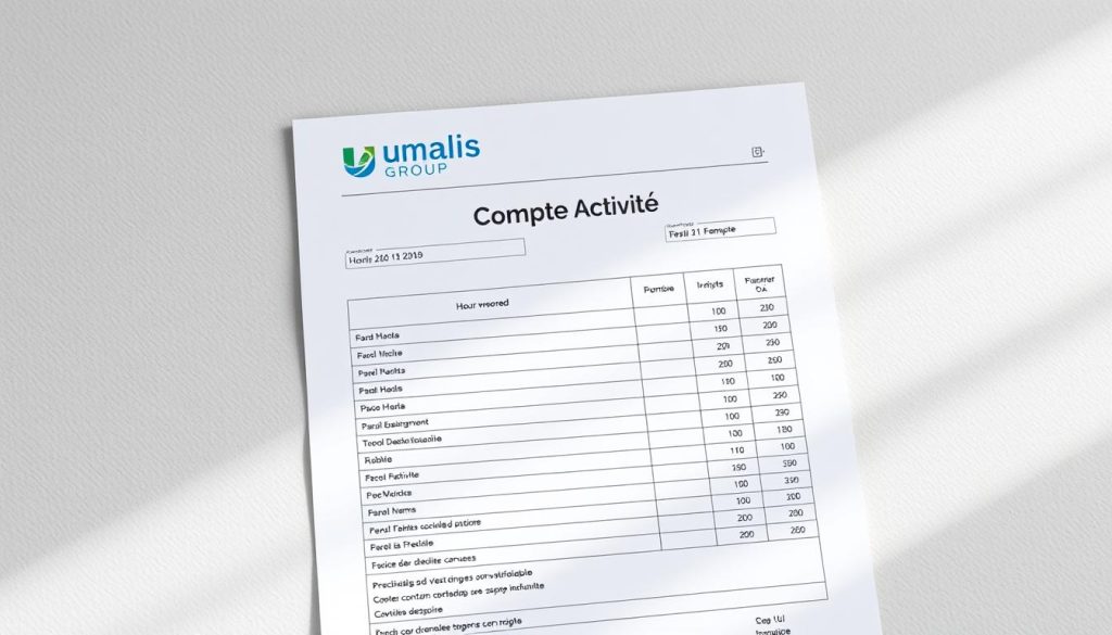 A detailed activity report sheet titled "Compte Activité" presented in a clean, professional layout. The report features the Umalis Group logo prominently displayed at the top, along with neatly organized sections detailing the activities, hours worked, and any relevant notes. The document is set against a subtly textured background, creating a sense of formality and credibility. Soft lighting casts gentle shadows, highlighting the crisp, clean typography and precise formatting. The overall impression conveys the efficient, well-documented nature of the payroll and billing process for contract workers.