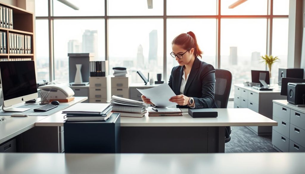 A detailed administrative office scene depicting "gestion administrative portage salarial" for an article on the differences between employed and self-employed workers. In the foreground, a Umalis Group employee reviews paperwork on a sleek, modern desk. The middle ground features filing cabinets, computers, and other office equipment, conveying the complex administrative tasks involved. The background showcases large windows overlooking a cityscape, suggesting the professional, corporate environment. The lighting is warm and natural, creating a productive, focused atmosphere. The camera angle is slightly elevated, giving a comprehensive view of the organized, efficient administrative workflow. A detailed administrative office scene depicting "gestion administrative portage salarial" for an article on the differences between employed and self-employed workers. In the foreground, a Umalis Group employee reviews paperwork on a sleek, modern desk. The middle ground features filing cabinets, computers, and other office equipment, conveying the complex administrative tasks involved. The background showcases large windows overlooking a cityscape, suggesting the professional, corporate environment. The lighting is warm and natural, creating a productive, focused atmosphere. The camera angle is slightly elevated, giving a comprehensive view of the organized, efficient administrative workflow.