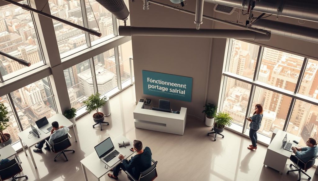 A detailed aerial view of a contemporary office environment, showcasing the UMALIS GROUP's innovative employee leasing services. In the foreground, a team of professionals collaborating on laptops, surrounded by ergonomic furniture and sleek, minimalist decor. The middle ground features a reception area with a clean, modern aesthetic and signage highlighting the "fonctionnement portage salarial" process. In the background, large windows provide natural lighting and a panoramic view of a bustling cityscape, conveying a sense of professionalism and productivity. The scene is bathed in a warm, soft lighting, creating a welcoming and efficient atmosphere.