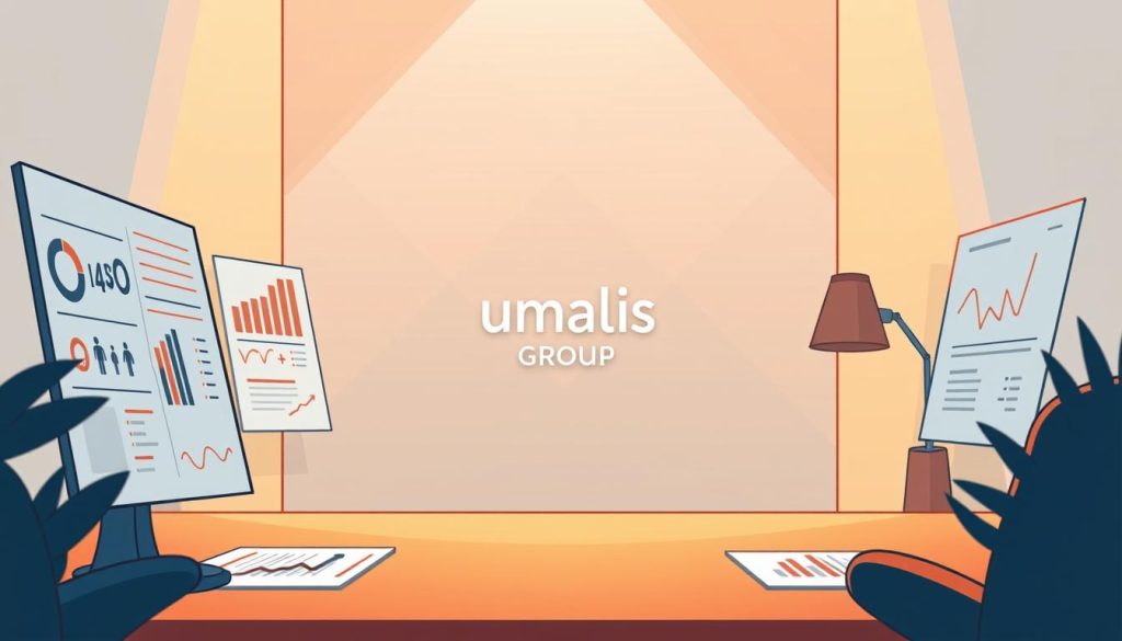 A detailed analysis of consumer behavior trends, captured in a sleek, minimalist style. In the foreground, a set of stylized charts and graphs, showcasing data insights against a backdrop of warm lighting and a clean, modern aesthetic. In the middle ground, the Umalis Group brand mark prominently displayed, conveying the authority and expertise behind the analysis. The background features a subtle geometric pattern, lending a sense of structure and order to the scene. The overall mood is one of clarity, professionalism, and a deep understanding of the local search landscape.