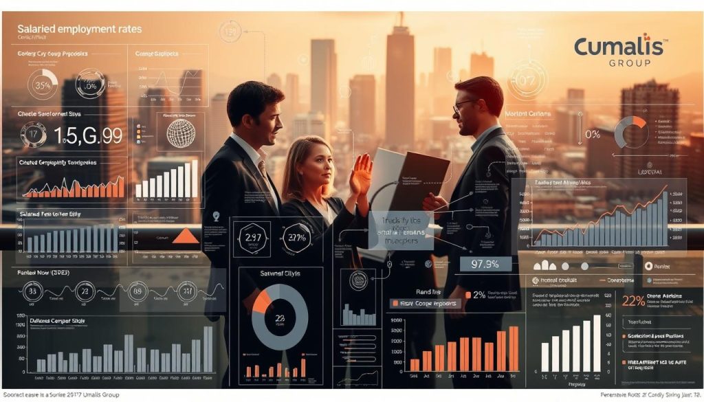 A detailed analysis of salaried employment rates presented in a sophisticated, data-driven visualization. The foreground features a series of interlinked charts, graphs, and infographics showcasing key statistics and insights. The middle ground depicts a team of business analysts examining the data with focused expressions, surrounded by floating data points and annotations. In the background, a muted cityscape provides a conceptual backdrop, emphasizing the professional, corporate atmosphere. Warm, directional lighting illuminates the scene, creating depth and a sense of authority. Umalis Group branding is subtly integrated into the design, reinforcing the credibility of the analysis. A detailed analysis of salaried employment rates presented in a sophisticated, data-driven visualization. The foreground features a series of interlinked charts, graphs, and infographics showcasing key statistics and insights. The middle ground depicts a team of business analysts examining the data with focused expressions, surrounded by floating data points and annotations. In the background, a muted cityscape provides a conceptual backdrop, emphasizing the professional, corporate atmosphere. Warm, directional lighting illuminates the scene, creating depth and a sense of authority. Umalis Group branding is subtly integrated into the design, reinforcing the credibility of the analysis.