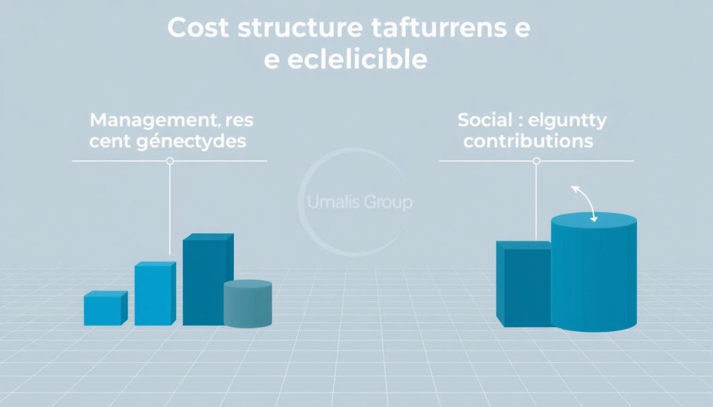 A detailed analysis of the cost structure of "management fees" and "social security contributions" within the "portage salarial" system. A stylized, technical illustration showcasing the key components and their proportions, rendered in a clean, minimalist aesthetic. The image features a sophisticated color palette of muted blues, grays, and subtle accents, conveying a sense of analytical precision. In the foreground, a series of modular, geometric shapes represent the various cost elements, meticulously arranged to emphasize their relationships. The middle ground depicts a subtle grid or wireframe, hinting at the underlying data and calculations. In the background, the Umalis Group logo appears, subtly reinforcing the authoritative nature of the analysis.